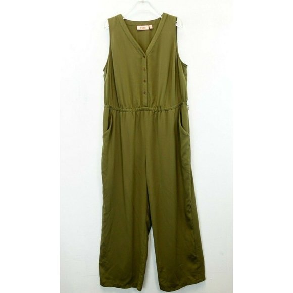 EVRI Jumpsuit 0X Large Olive Green Overall PLUS SIZE V-Neck Button‎ Down Pockets - Picture 2 of 10